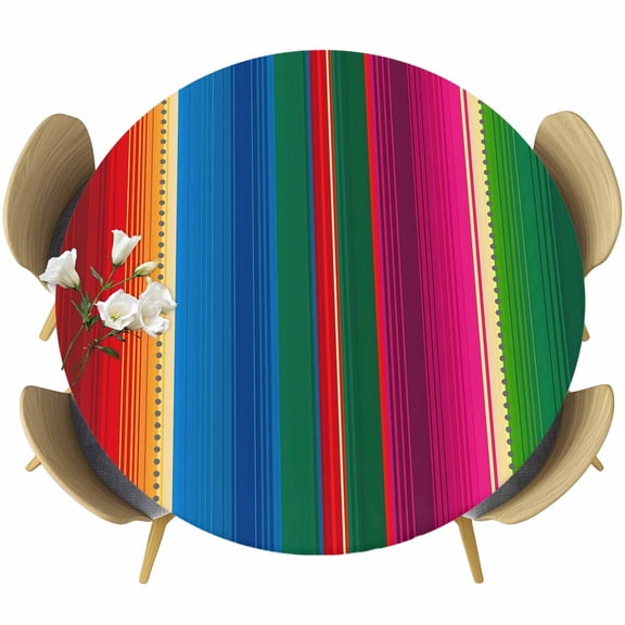Mexican Stripes Table Cloth, Round Fitted Tablecloths with Elastic Edge, Blue Boho Red Green Orange Art Simple Wipeable Waterproof Table Cover for Kitchen Wedding 55-60 Inches