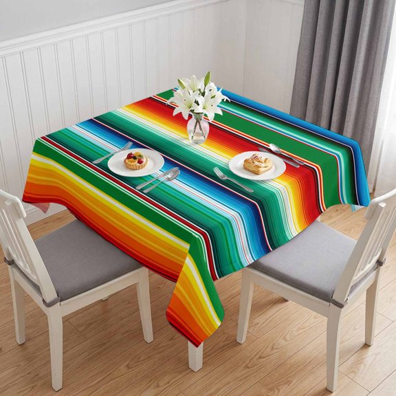 Mexican Stripes Table Cloth Waterproof Tablecloths, Colorful Striped Mexican Fiesta Theme Tablecloth Dining Table Cover for Kitchen Party Tabletop Outdoor, Square Tablecloth 54x54 Inch