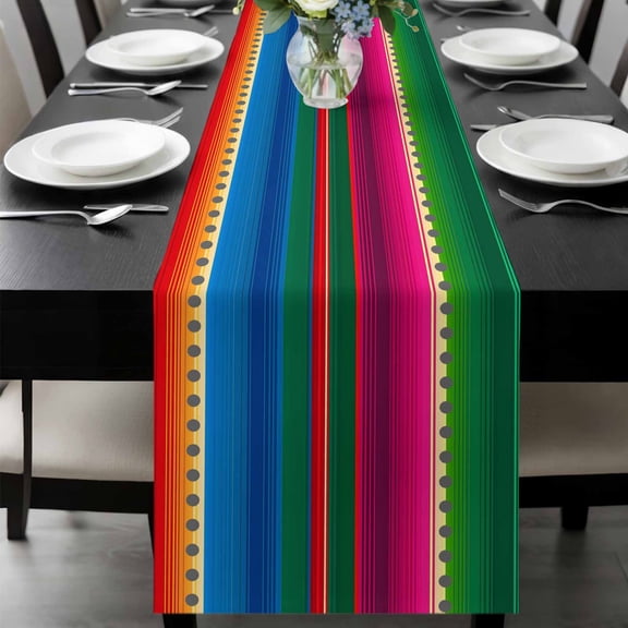 Mexican Stripes Table Runner 48 Inches Long, Blue Boho Red Green Orange Art Simple Kitchen Coffee Dining Table Decoration for Home Party Birthday Wedding Home Decor 13x48 Inches