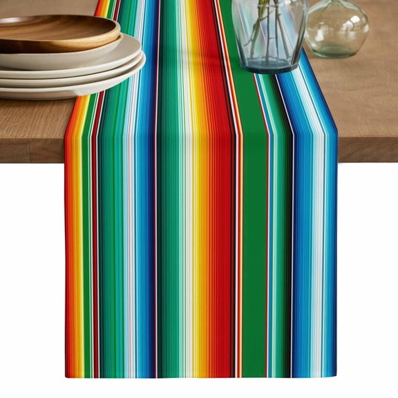 Mexican Stripes Table Runner, Colorful Striped Mexican Fiesta Theme Washable Cotton Linen Table Runners 108 Inches Long, Dresser Scarf Runner for Dining/Living Room/Kitchen/Square Tables 13''x108''