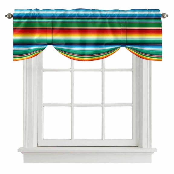 Mexican Stripes Tie Up Valance Curtains for Windows, Kitchen Curtains Window Treatments, Colorful Striped Mexican Fiesta Theme Short Window Shades Valances for Bedroom Bathroom Cafe 54"x18"