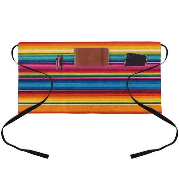 Mexican Stripes Waitress Apron with 3 Pockets, Modern Ethnic Colorful Mexico Geometric Server Aprons Waterproof Kitchen Restaurant Half Waist Apron for Men Women