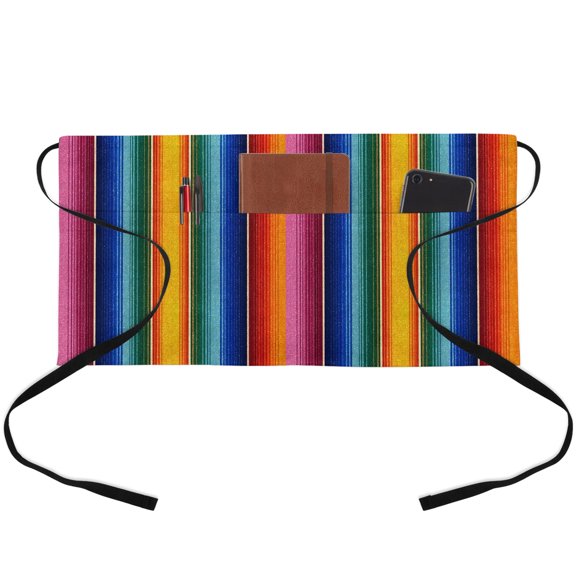 Mexican Stripes Waitress Apron with 3 Pockets, Modern Ethnic Colorful Mexico Striped Server Aprons Waterproof Kitchen Restaurant Half Waist Apron for Men Women