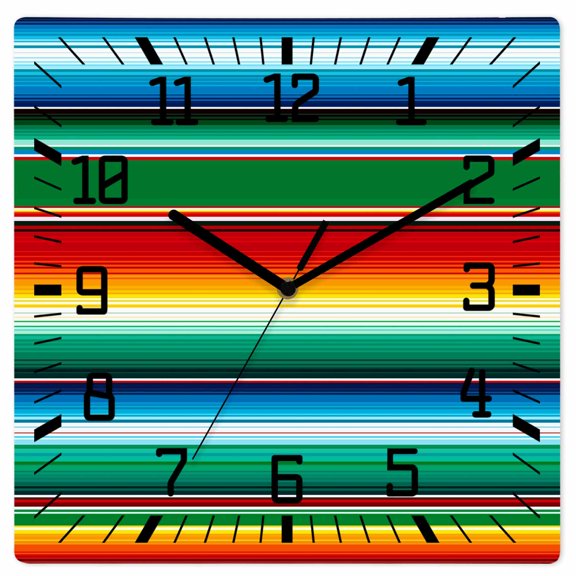 Mexican Stripes Wooden Wall Clock Silent Non Ticking, Colorful Striped Mexican Fiesta Theme Square Wall Clocks Battery Operated, Decor Clock for Home Office, Living Room, Kitchen, 10 Inch
