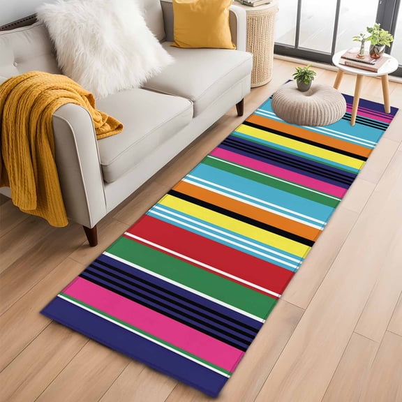 Mexican Style 2'x6' Runner Rugs for Hallway Kitchen Bedside Non Slip Washable, Colorful Mexico Stripes Blue Yellow Entryway Rug Runners with Rubber Backing, Long Carpet Runner for Laundry Room
