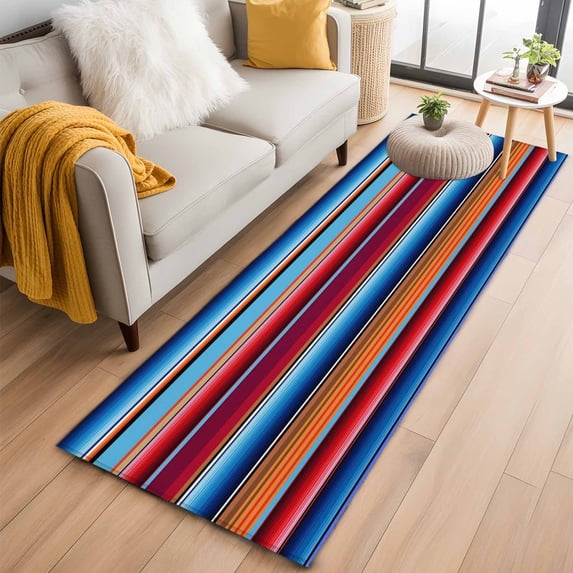 Mexican Style 2'x6' Runner Rugs for Hallway Kitchen Bedside Non Slip Washable, Colorful Mexico Stripes Ombre Red Blue Entryway Rug Runners with Rubber Backing, Long Carpet Runner for Laundry Room