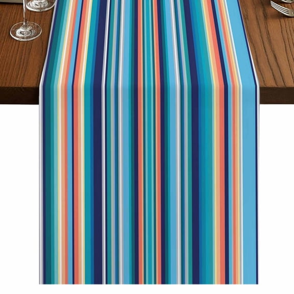 Mexican Style Burlap Cotton Table Runner 13x36 Inches Short, Colorful Mexico Stripes Light Blue Farmhouse Table Runners, Outdoor Dining Tablecloths Decor for Baby Shower/Party/Wedding