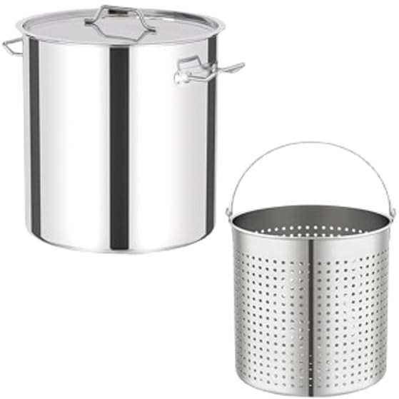Mexican Style Extra Large 64 Quart Stainless Steel Stock Pot With Steamer Basket Lid Nice and Heavy Cookware Steaming Boiling
