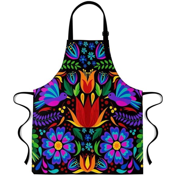 Mexican Style Floral Embroidered Kitchen Apron 33.4 x 27.5 Inches | Kitchen Apron Mexican Ethnic Floral Embroidery Style  Printed Apron  and Oil-Resistant