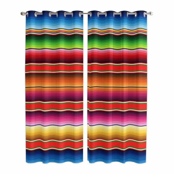 Mexican Style Kitchen Curtains 84 Inch Length, Colorful Mexico Stripes Red Blue Grommet Top Bedroom Living Room Curtains, Light Filtering Cafe Curtain Drapes 2 Panels Set 84''x84''
