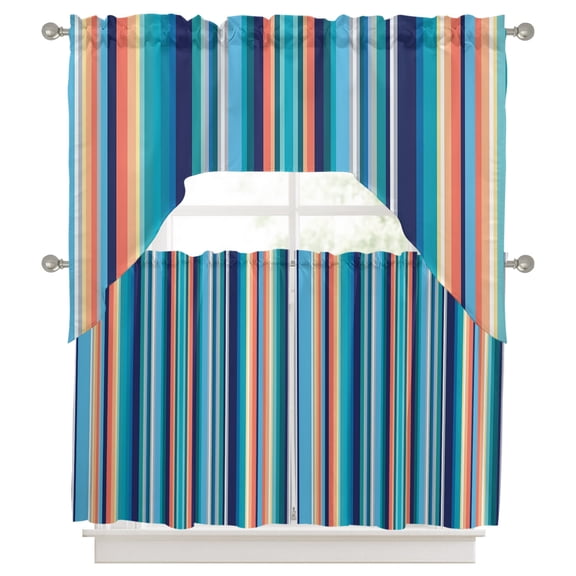 Mexican Style Kitchen Curtains Swag Valance and Tier Curtains Set 36 Inch Length, Colorful Mexico Stripes Light Blue Rod Pocket Drape Panels Pair Swag Curtains for Bathroom/Cafe/Window