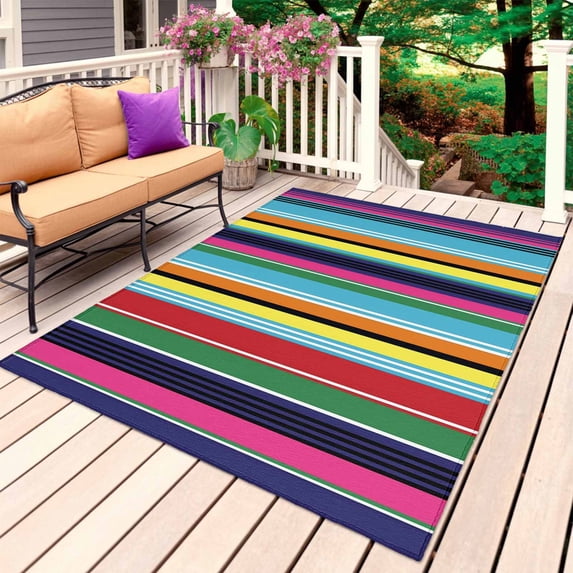 Mexican Style Outdoor Rug 4x6 Ft, Non Slip Washable Area Rug, Colorful Mexico Stripes Blue Yellow Patio Rugs Carpet Runner, Large Floor Mat for Indoor/Outdoor Deck Porch Camping