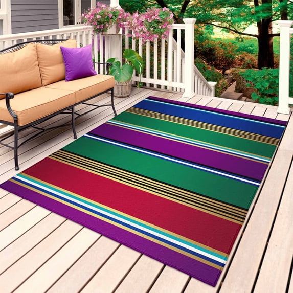 Mexican Style Outdoor Rug 4x6 Ft, Non Slip Washable Area Rug, Colorful Mexico Stripes Purple Yellow Green Patio Rugs Carpet Runner, Large Floor Mat for Indoor/Outdoor Deck Porch Camping