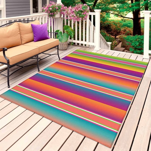 Mexican Style Outdoor Rug 5x7 Ft, Non Slip Washable Area Rug, Colorful Mexico Stripes Orange Purple Patio Rugs Carpet Runner, Large Floor Mat for Indoor/Outdoor Deck Porch Camping