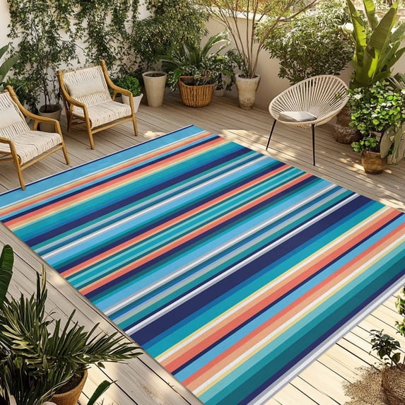 Mexican Style Outdoor Rug for Patio/Deck/Porch, Non-Slip Large Area Rug 3 x 5 Ft, Colorful Mexico Stripes Light Blue Indoor Outdoor Rugs Washable Area Rugs, Reversible Camping Rug Carpet Runner