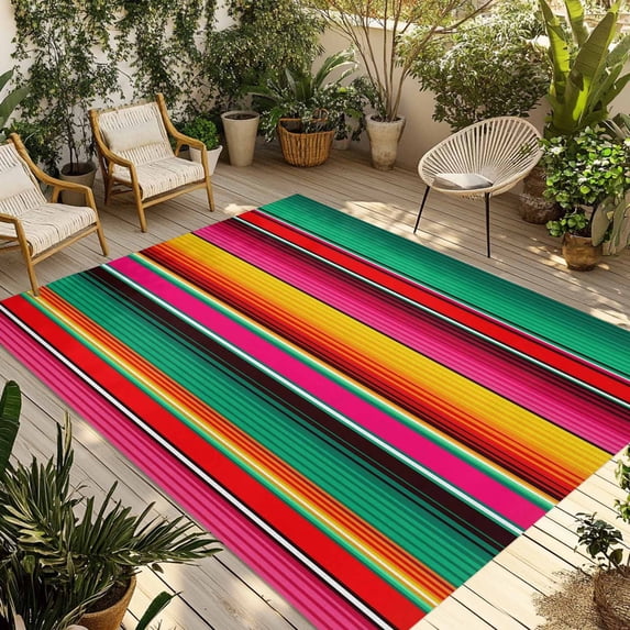 Mexican Style Outdoor Rug for Patio/Deck/Porch, Non-Slip Large Area Rug 4 x 6 Ft, Colorful Mexico Stripes Green Red Indoor Outdoor Rugs Washable Area Rugs, Reversible Camping Rug Carpet Runner