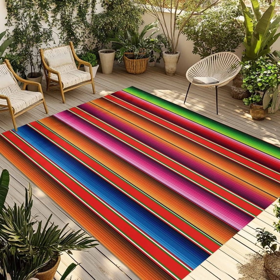 Mexican Style Outdoor Rug for Patio/Deck/Porch, Non-Slip Large Area Rug 5 x 7 Ft, Colorful Mexico Stripes Orange Red Indoor Outdoor Rugs Washable Area Rugs, Reversible Camping Rug Carpet Runner