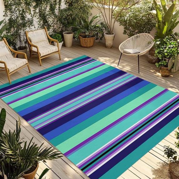 Mexican Style Outdoor Rug for Patio/Deck/Porch, Non-Slip Large Area Rug 6 x 9 Ft, Colorful Mexico Stripes Teal Blue Indoor Outdoor Rugs Washable Area Rugs, Reversible Camping Rug Carpet Runner