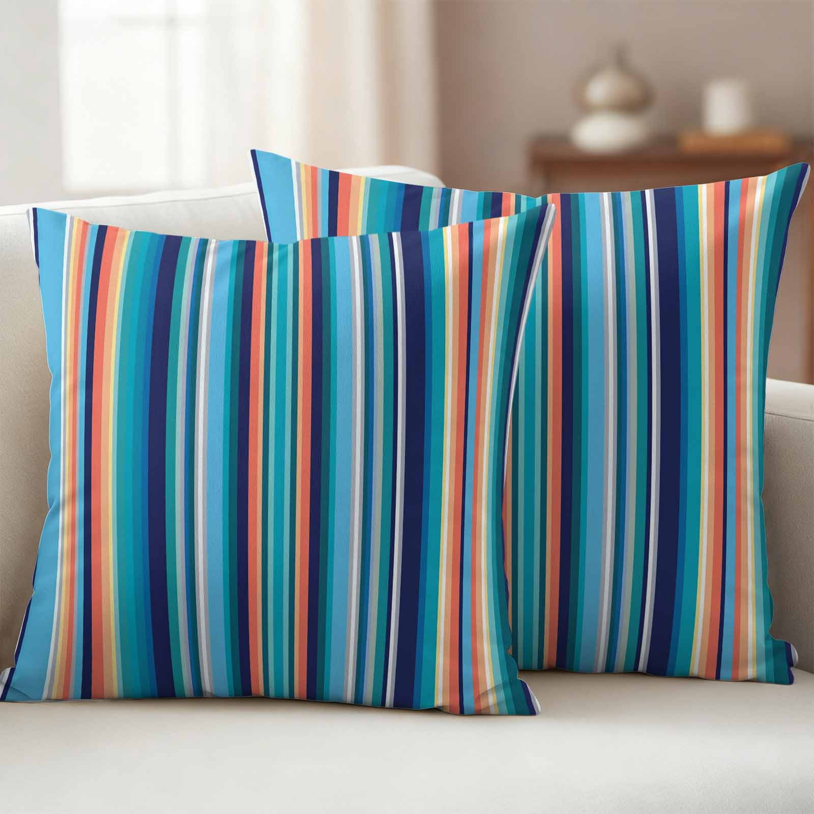 Mexican Style Outdoor Waterproof Throw Pillow Covers 18x18 Set of 2, Colorful Mexico Stripes Light Blue Decorative Pillowcases Cushion Pillowcase for Couch Sofa Patio Outside Pillow Protector
