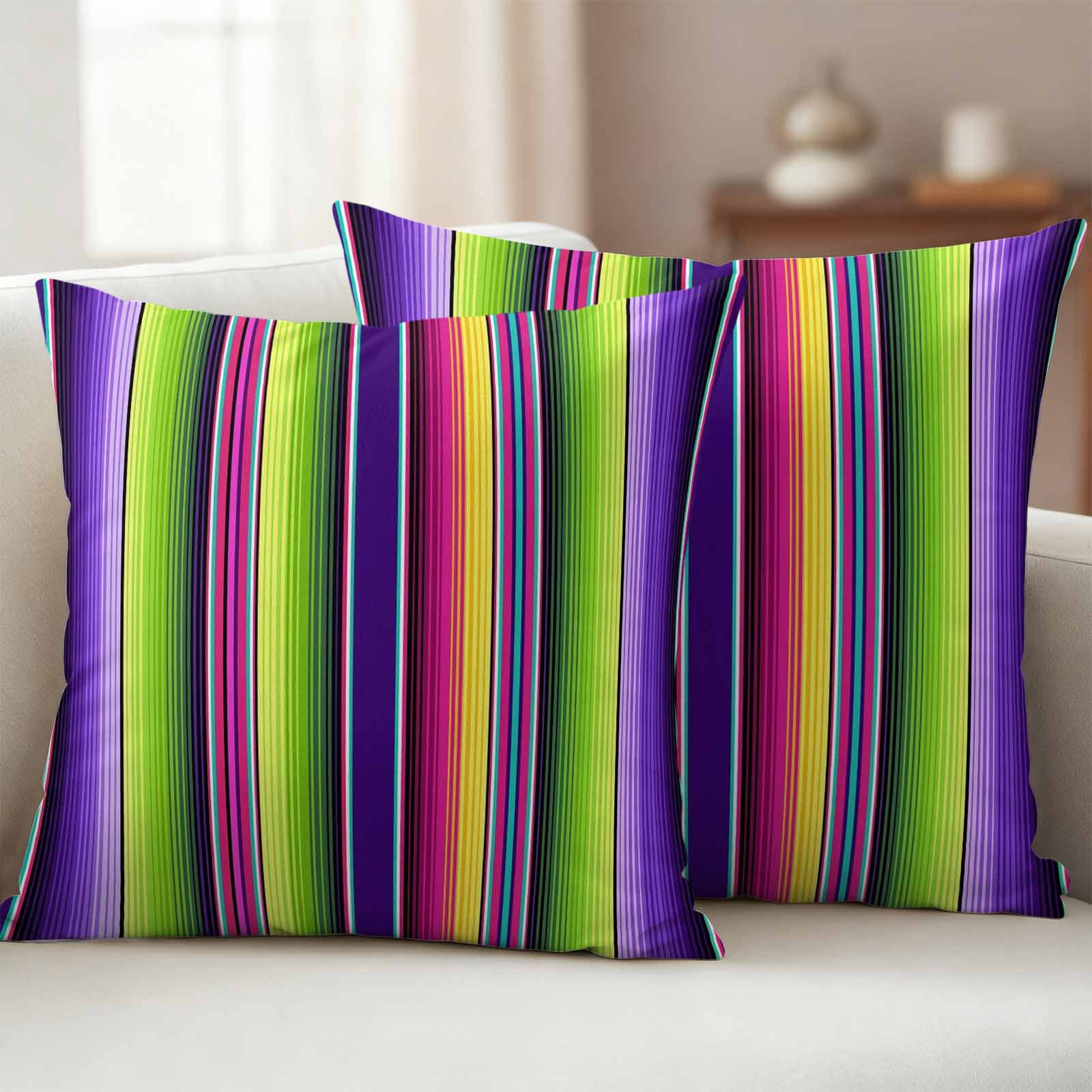 Mexican Style Outdoor Waterproof Throw Pillow Covers 18x18 Set of 2, Colorful Mexico Stripes Purple Green Decorative Pillowcases Cushion Pillowcase for Couch Sofa Patio Outside Pillow Protector