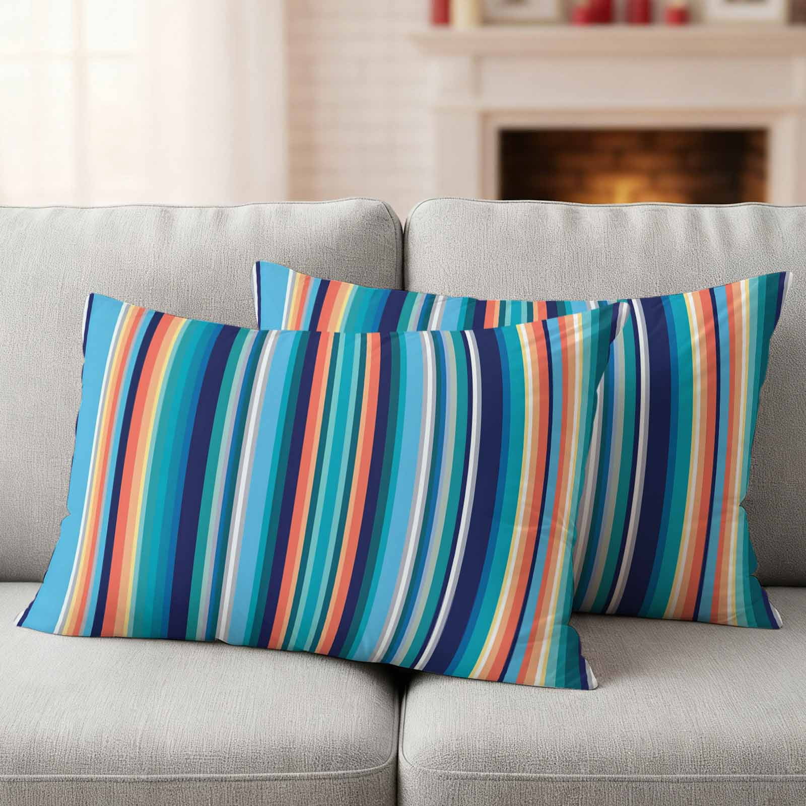 Mexican Style Outdoor Waterproof Throw Pillow Covers 20x12 Set of 2, Colorful Mexico Stripes Light Blue Decorative Pillowcases Cushion Pillowcase for Couch Sofa Patio Outside Pillow Protector