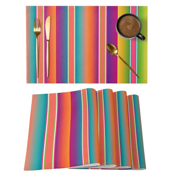 Mexican Style Placemats Set of 8 Colorful Mexico Stripes Orange Purple Place Mats Indoor Wipeable Table Mats Washable Cloth Dining Table Placemats for Kitchen Holiday Party Home Decor 13x19 Inch