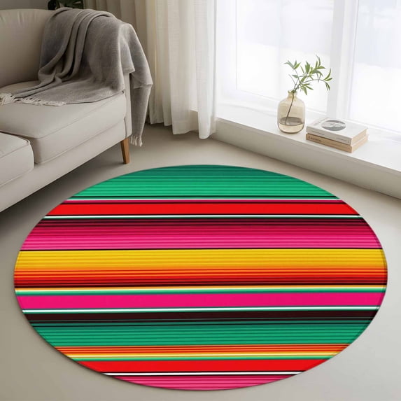 Mexican Style Round Area Rug 4Ft Washable Circle Rugs for Bedroom Dining Room, Colorful Mexico Stripes Green Red Non-Slip Carpet Floor Mats Indoor Outdoor Carpet Runner Aesthetic Home Decor