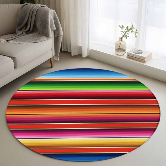 Mexican Style Round Area Rug 4ft, Colorful Mexico Stripes Red Blue Washable Non-Slip Circle Rugs for Bedroom Living Room Kitchen, Soft Non Shedding Circle Carpet for Dining Room Dorm