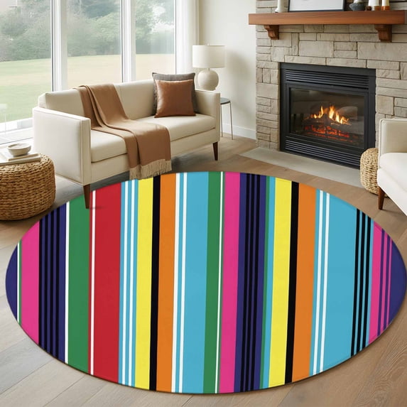Mexican Style Round Area Rug 6Ft Washable Circle Rugs for Bathroom Office, Colorful Mexico Stripes Blue Yellow Non-Slip Carpet Floor Mats Indoor Outdoor Carpet Runner Aesthetic Home Decor