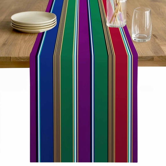 Mexican Style Table Runner - 108 Inch Long Colorful Mexico Stripes Purple Yellow Green Cotton and Linen Blended Dress Scarves Farmhouse Table Runner for Kitchen Dining, Coffee Table, 13" x 108"