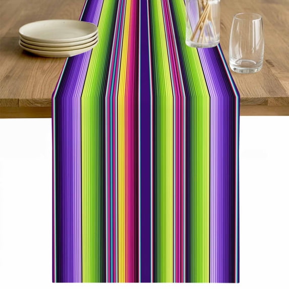 Mexican Style Table Runner - 36 Inch Long Colorful Mexico Stripes Purple Green Cotton and Linen Blended Dress Scarves Farmhouse Table Runner for Kitchen Dining, Coffee Table, 13" x 36"