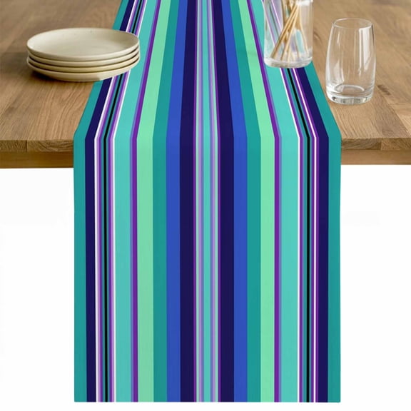 Mexican Style Table Runner - 36 Inch Long Colorful Mexico Stripes Teal Blue Cotton and Linen Blended Dress Scarves Farmhouse Table Runner for Kitchen Dining, Coffee Table, 13" x 36"