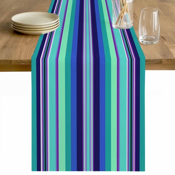Mexican Style Table Runner - 60 Inch Long Colorful Mexico Stripes Teal Blue Cotton and Linen Blended Dress Scarves Farmhouse Table Runner for Kitchen Dining, Coffee Table, 13" x 60"