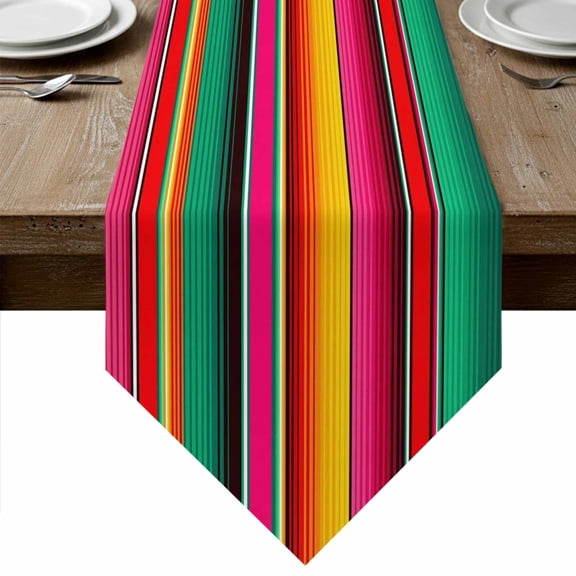 Mexican Style Table Runner Linen Burlap Table Runner 48 Inches Long Colorful Mexico Stripes Green Red Dresser Scarves for Kitchen Island Coffee Dining Room Party Wedding Banquet Holiday Decor 13"x48"