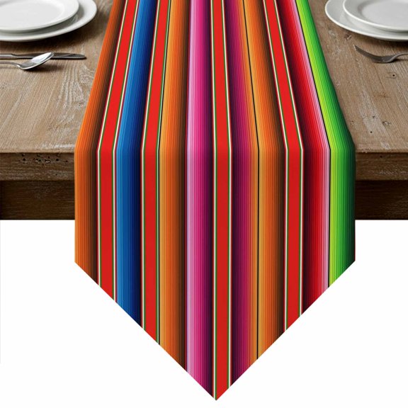 Mexican Style Table Runner Linen Burlap Table Runner 72 Inches Long Colorful Mexico Stripes Orange Red Dresser Scarves for Kitchen Island Coffee Dining Room Party Wedding Holiday Decor 13"x72"