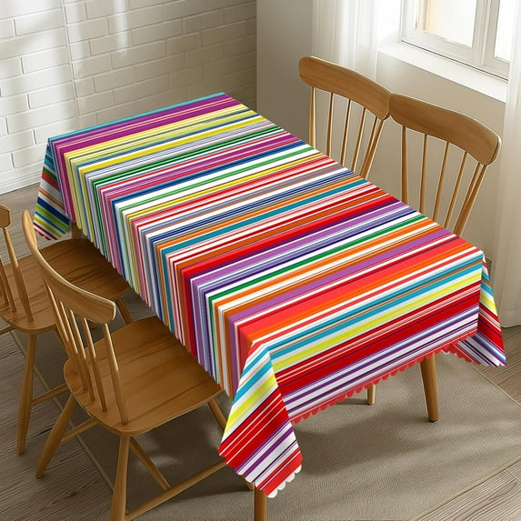 Mexican Style Tablecloth Traditional Colorful Rainbow Stripes Rectangle Tablecloth Bright Lines Art Table Cover 60×84 Inch Washable Table Cloth for Kitchen Dining Room Party Decoration