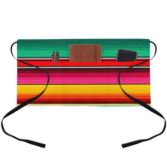 Mexican Style Waitress Apron with 3 Pockets, Colorful Mexico Stripes Green Red Pink Server Aprons Waterproof Kitchen Restaurant Half Waist Apron for Men Women