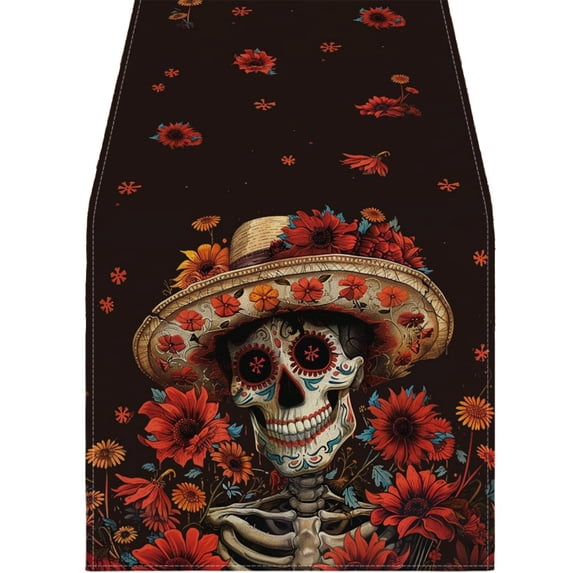 Mexican Sugar Skull Dia De Los Muertos Table Runner, Classic Day of The Dead Design, Practical Decoration for Kitchen Dining Table, Home Party and Mexican Fiesta Events 13x90 Inch