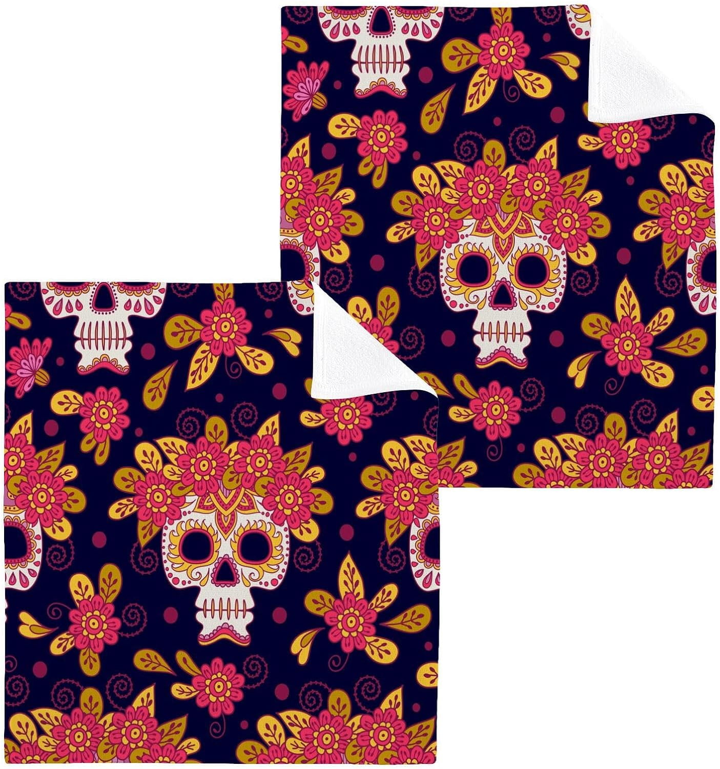 Mexican Sugar Skull Washcloth 12x12in Set, 6 Pack Absorbent Cotton