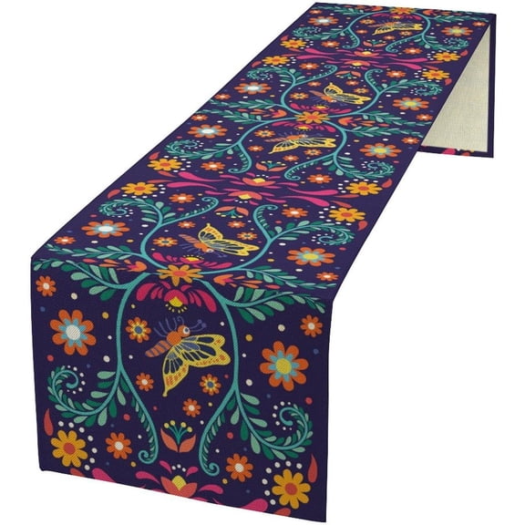 Mexican Table Runner Butterfly Botanical Floral Pattern Table Cloth Decoration Dresser Garden Farmhouse Wedding Party Vacation Dinner Home 13x48in