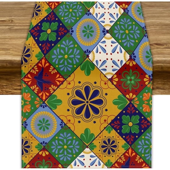Mexican Table Runner, Mexican Talavera Ethnic Folk Modern Style Colorful Floral Table Decor Tabletop Dining Kitchen Wedding Party, 13x90inch