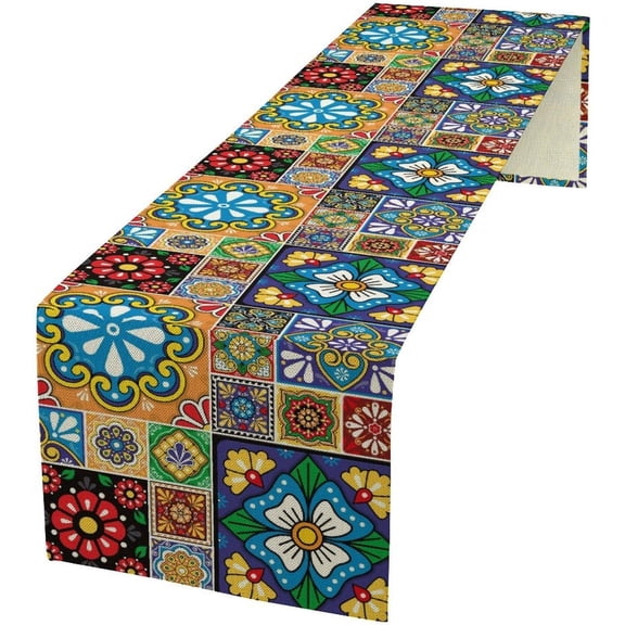 Mexican Table Runner Retro Mexica Tiles Talavera Style Pattern Table Cloth Decoration Dresser Garden Farmhouse Wedding Party Vacation Dinner Home 13.8x108in