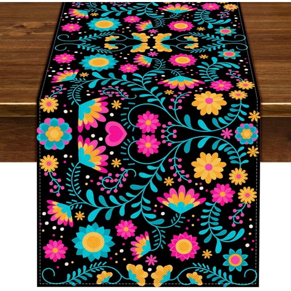 Mexican Table Runner for Cinco De Mayo Decoration Fiesta Party Supply Day of The Dead Linen Home Dining Room Kitchen Decor