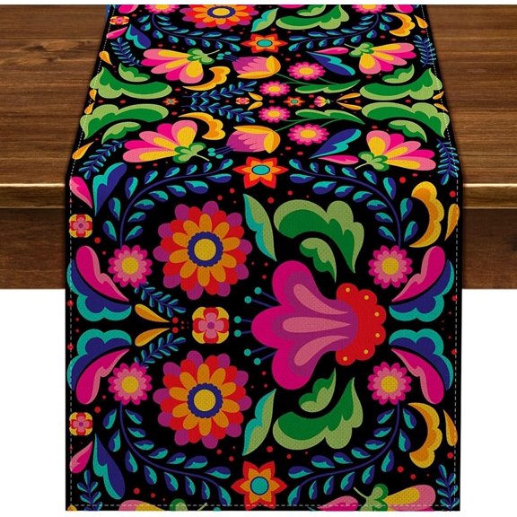 Mexican Table Runner for Fiesta Dia De Los Muertos Cinco De Mayo Rustic Linen Home Dining Room Kitchen Table Decorations (13.8" x 90", Black)