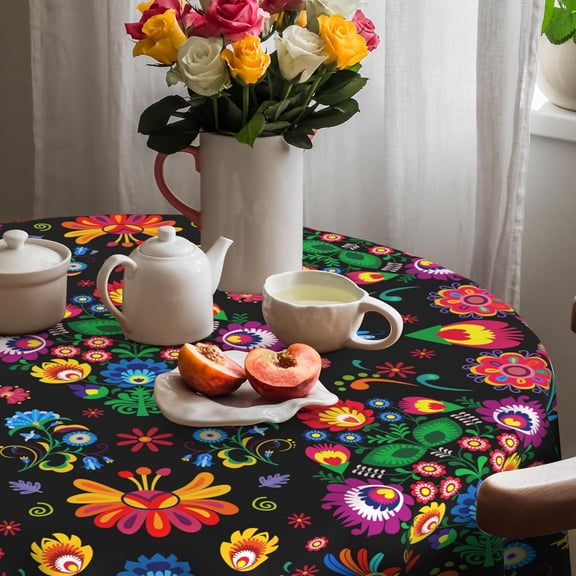 Mexican Tablecloth 60 Inches Round Halloween Cinco De Mayo Fiesta Waterproof Table Cloth for Home Party Dinner Decorations Black