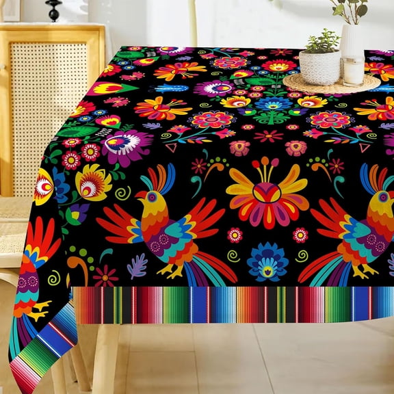 Mexican Tablecloth 60x120 Inches Rectangle Halloween Cinco De Mayo Fiesta Waterproof Table Cloth for Home Party Dinner Decorations Black