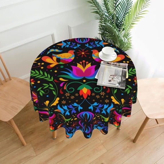 Mexican Tablecloth Round 60 Inch, Washable Polyester Table Cloth for Kitchen Party Picnic Dining, Mexican Dia De Los Muertos Or Day of Dead Decorations