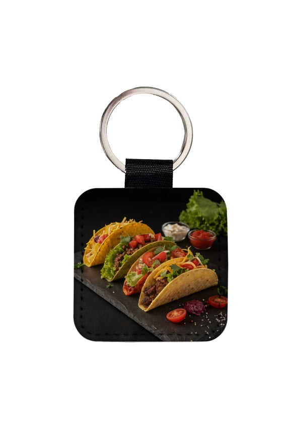 Mexican Tacos Faux Leather Square Keychain