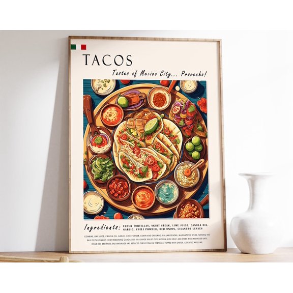 Mexican Tacos Food Latin Retro Wall Art Print, Unframed Paper Poster 8x10in