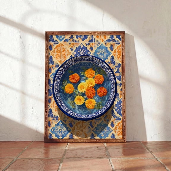 Mexican Talavera Bowl Marigold Blue Tile Kitchen Cempasuchil Flower Art Unframed Paper Print